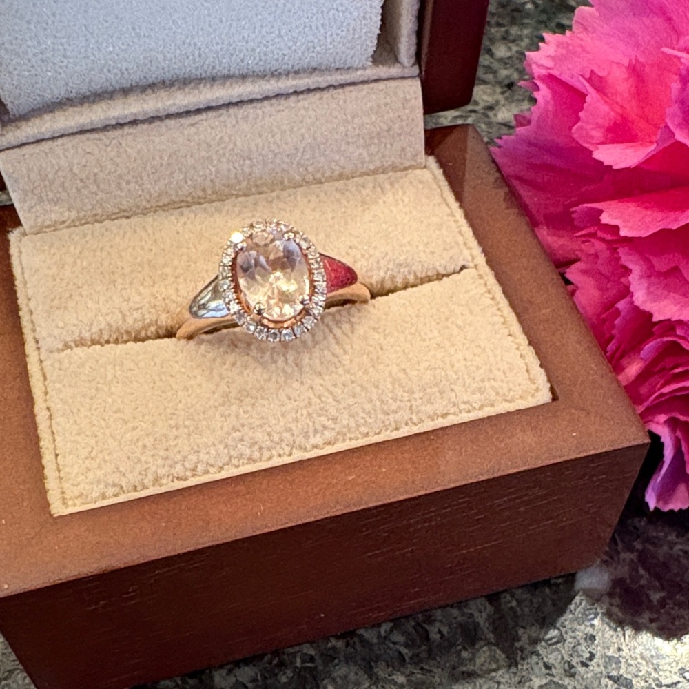 Pink Oval Morganite ring with diamond halo